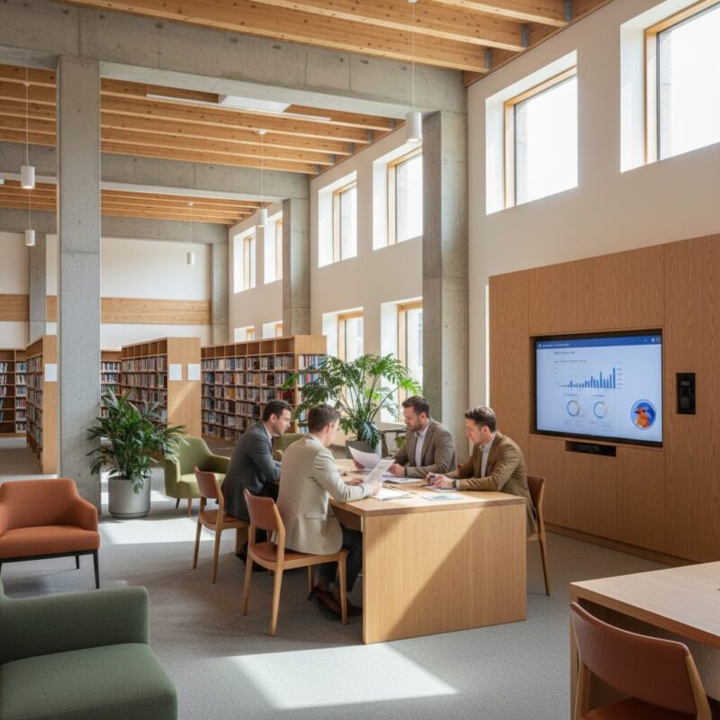 Professionals reviewing financial documents in a modern community library