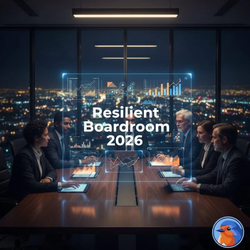 Resilient Boardroom 2026 glowing holographic interface in a modern executive boardroom