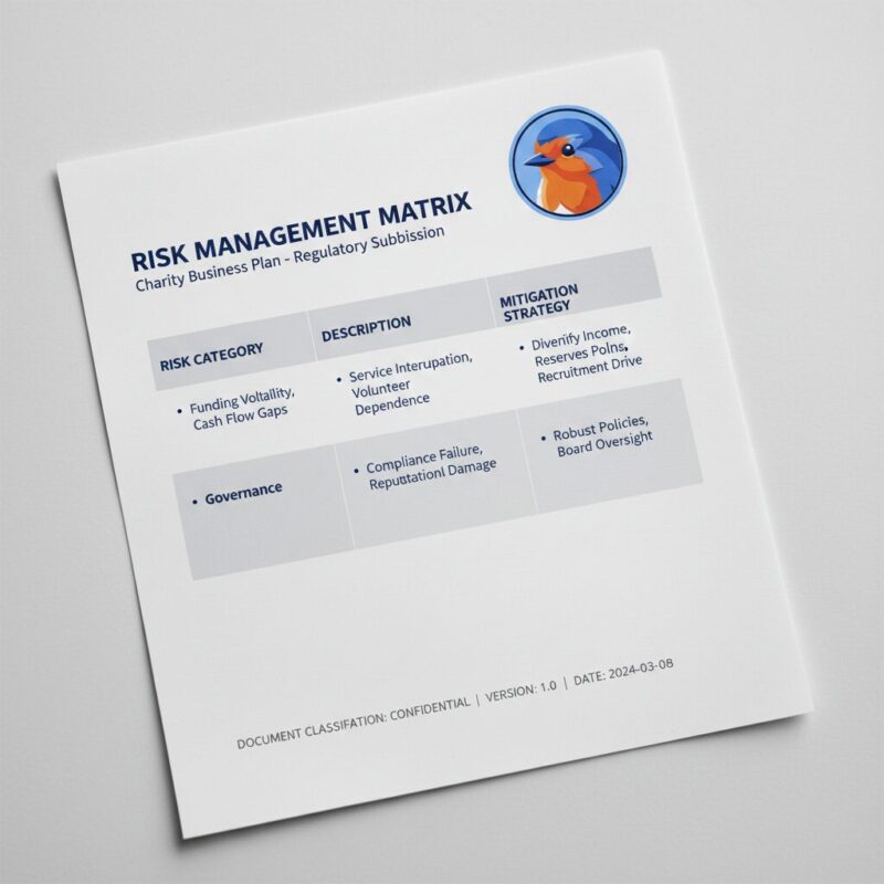 Risk management matrix document for a UK charity business plan