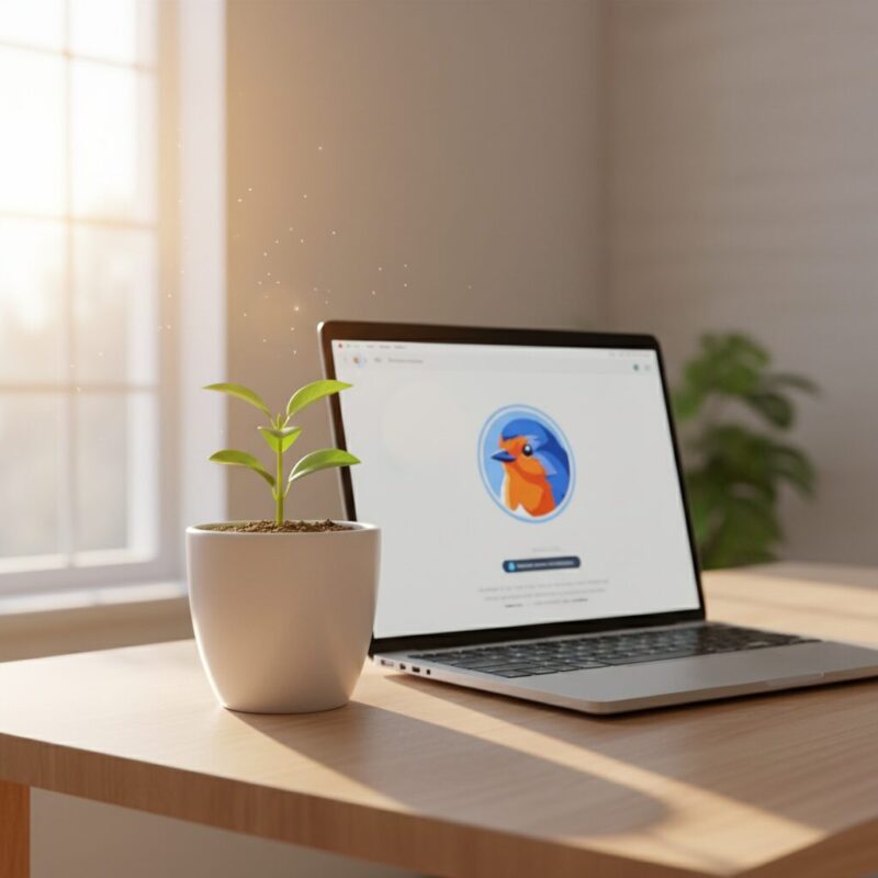 Seedling in a pot next to an open laptop on a bright desk