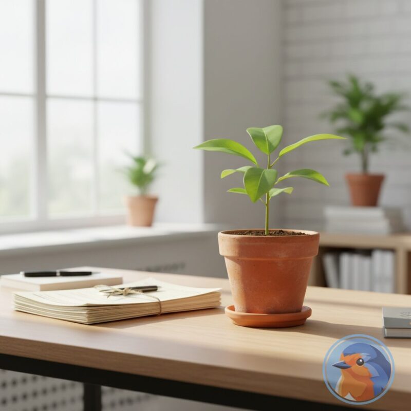 Small seedling growing in a pot next to paperwork on a wooden desk