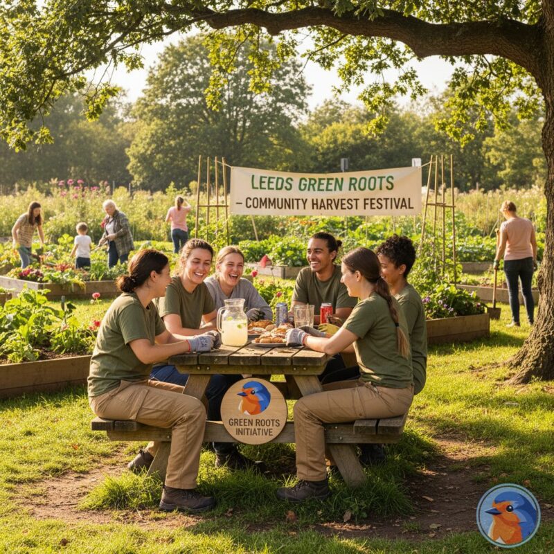 Smiling charity team collaborating at a picnic table in a community park