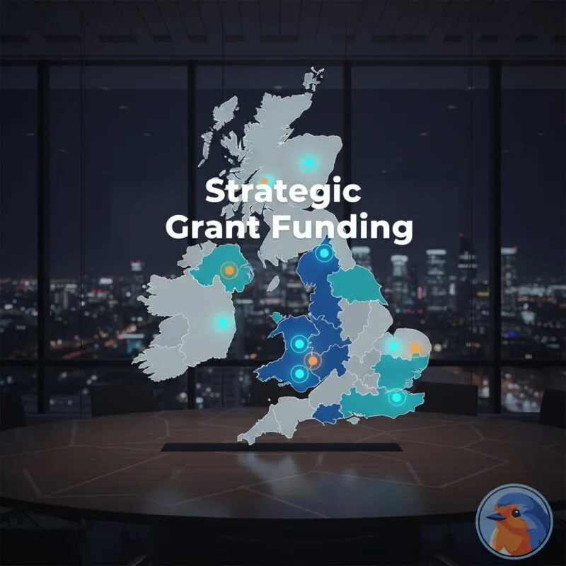 Strategic Grant Funding featured image with holographic UK map in a corporate boardroom