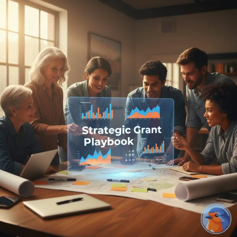 Strategic Grant Playbook featured image with community leaders and holographic data charts