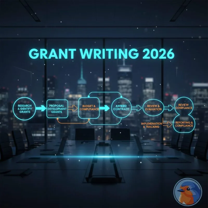 Strategic Grant Writing featured image with holographic 8-step infographic in modern boardroom