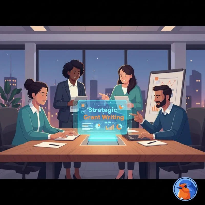 Strategic Grant Writing featured image with modern office and holographic data overlays