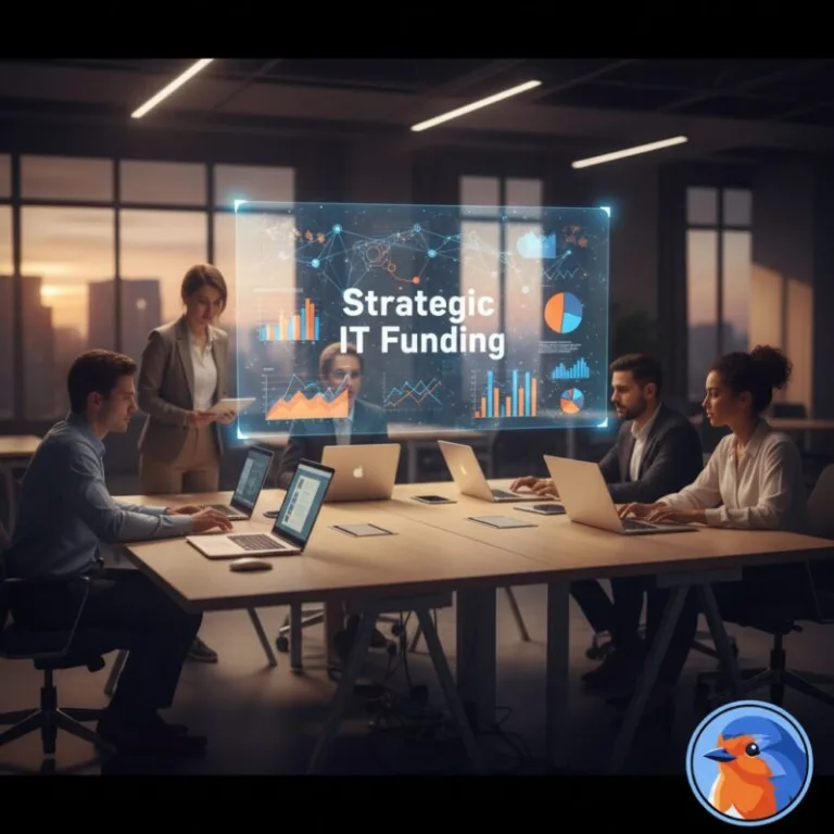 Strategic IT Funding glowing holographic display over a modern nonprofit workspace