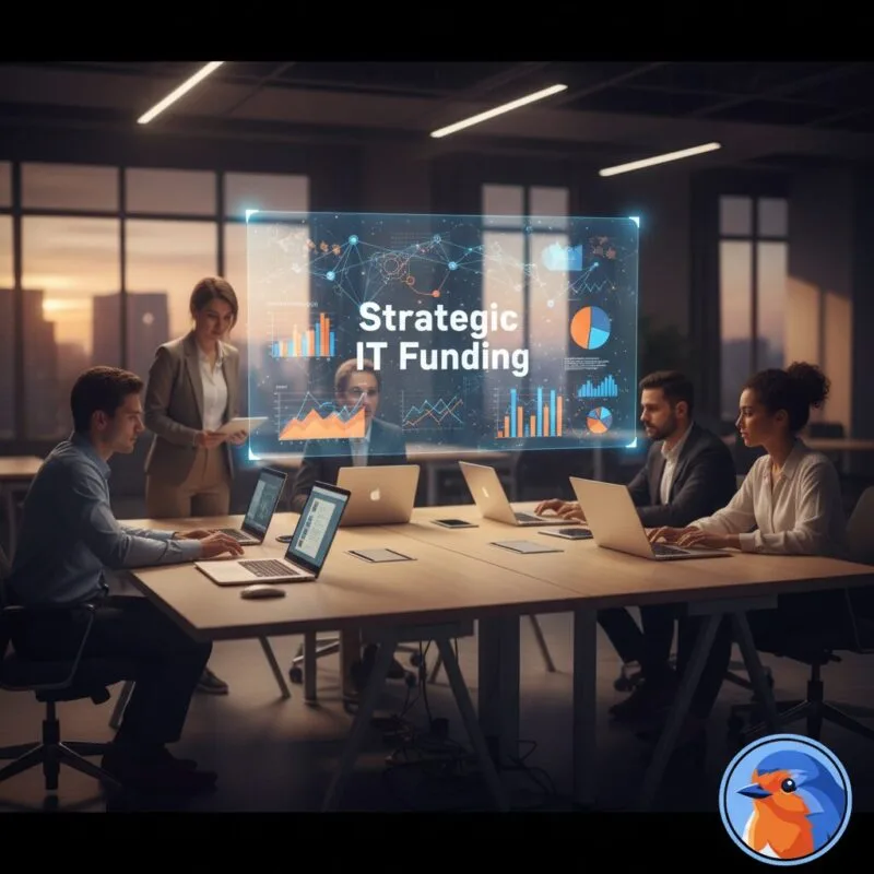 Strategic IT Funding glowing holographic display over a modern nonprofit workspace