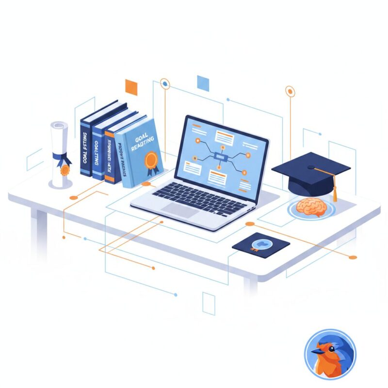 Strategic matrix illustration showing a laptop and books for grant writing course selection