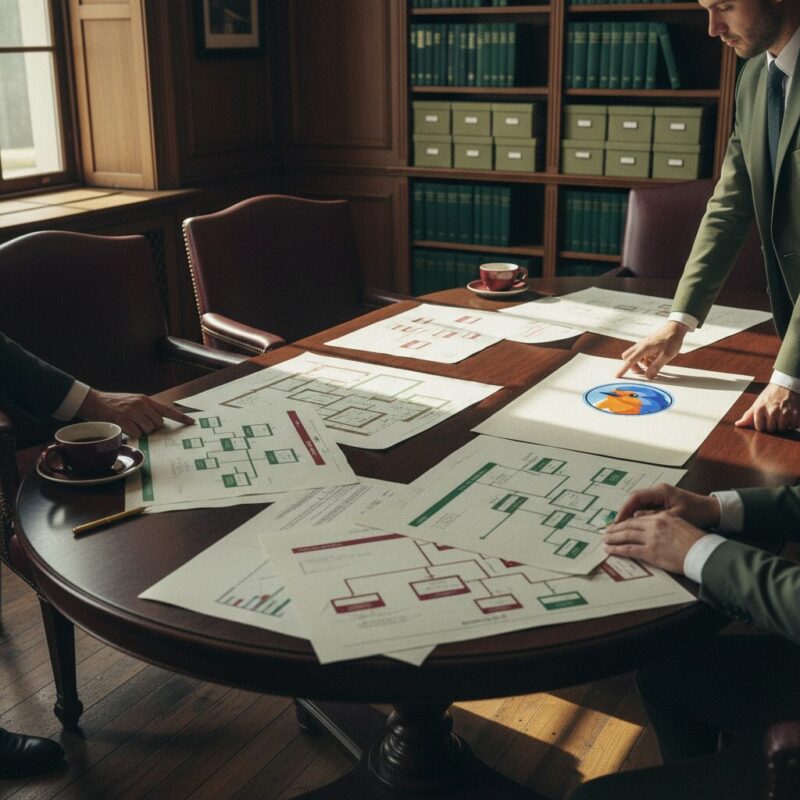 Strategic planning session in a sophisticated office demonstrating decentralized trust mapping