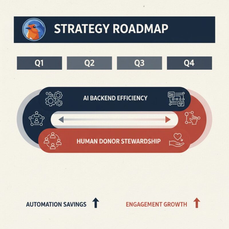 Strategy roadmap diagram comparing AI operational efficiency with human donor stewardship across four quarters