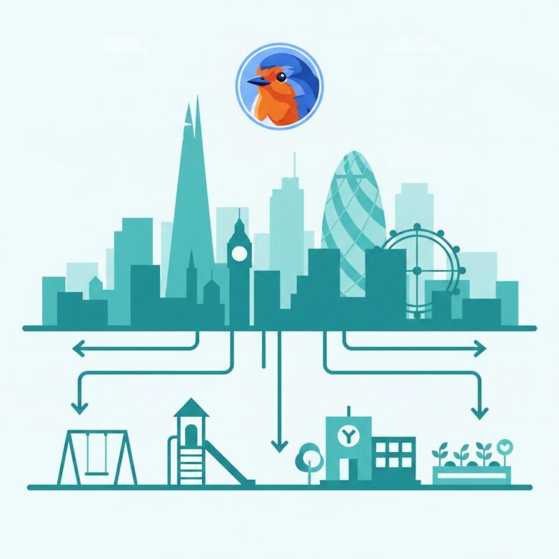 Teal and white flat design illustration of decentralized London funding across local boroughs