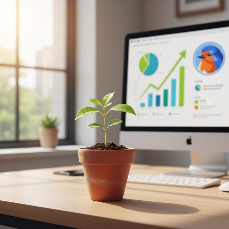 Thriving seedling on a desk with blurred data charts in the background