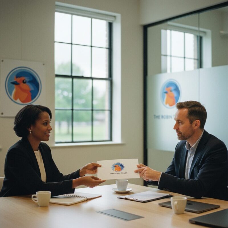 Two charity leaders discussing structured board meeting agendas in a modern workspace