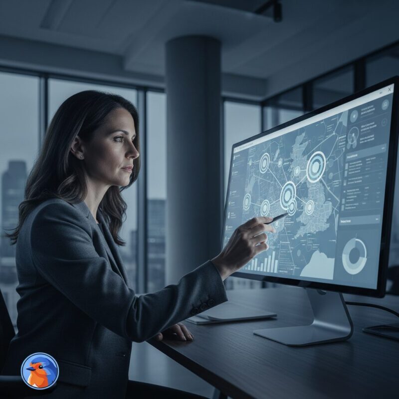 UK charity manager analyzing grant giving organisations data on a computer screen