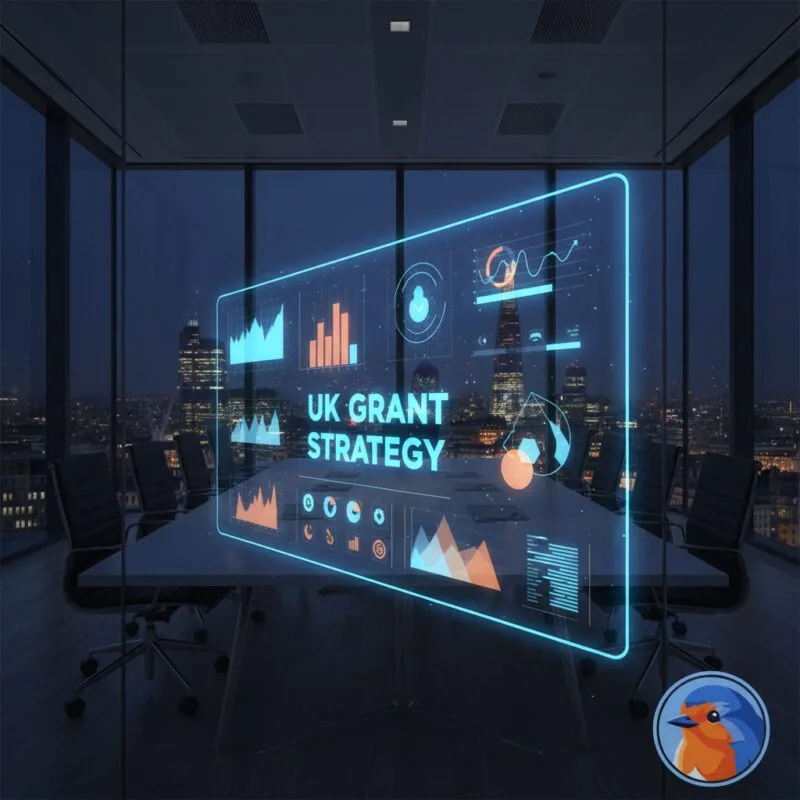UK Grant Strategy featured image with holographic financial charts and modern corporate background
