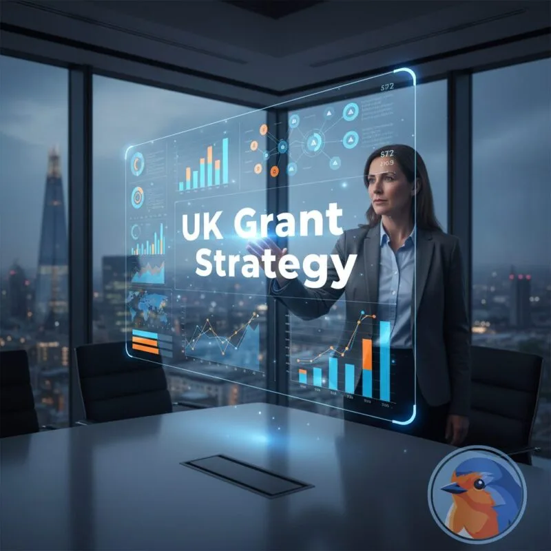 UK Grant Strategy featured image with holographic financial growth data