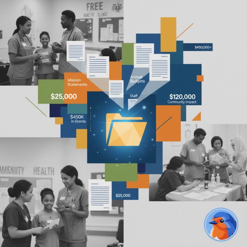 Visual workflow of modular grant components organizing into a centralized repository