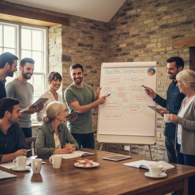 Volunteers mapping out scalable community project models on a whiteboard