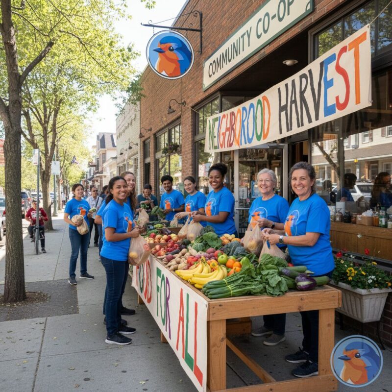 Volunteers running a sustainable community food program outside a local store