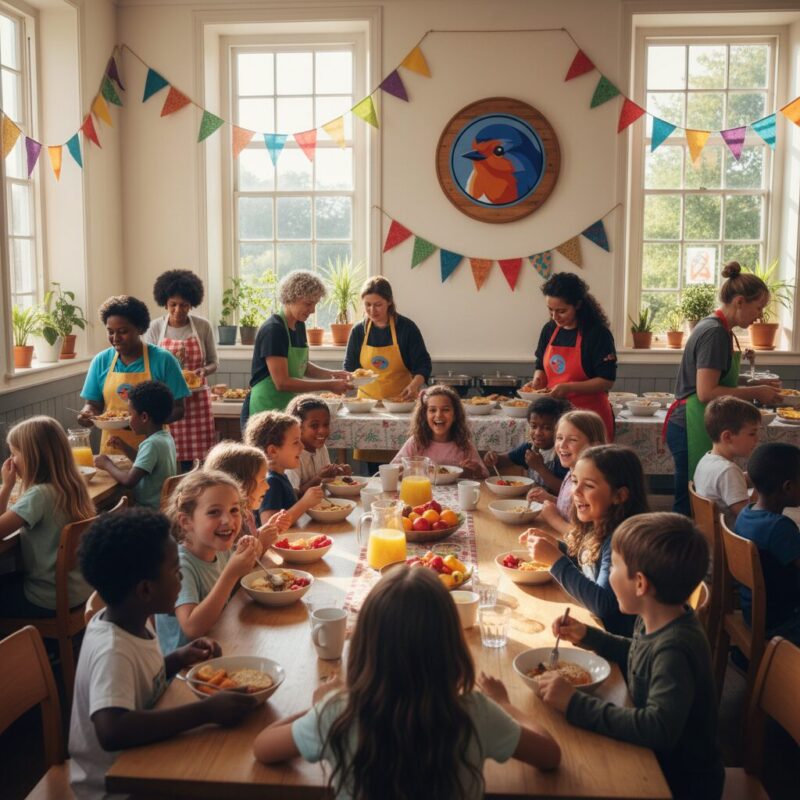 Volunteers serving healthy food to children at a local community breakfast club