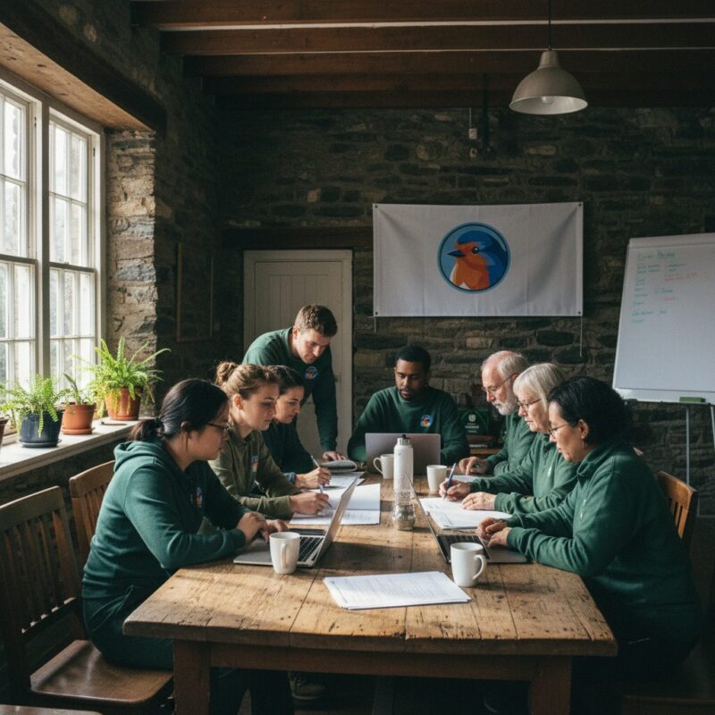 Welsh community organizers reviewing grant application strategies around a wooden table