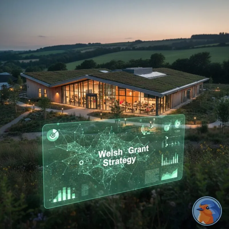 Welsh Grant Strategy featured image with holographic data over a community center