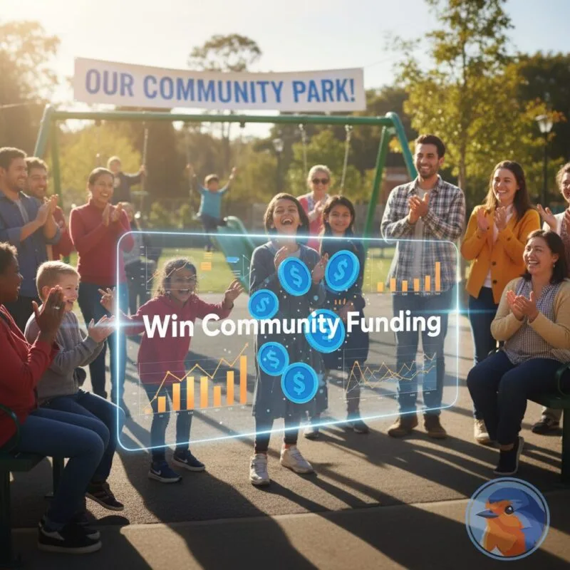 Win Community Funding title with holographic data charts over a sunny community park
