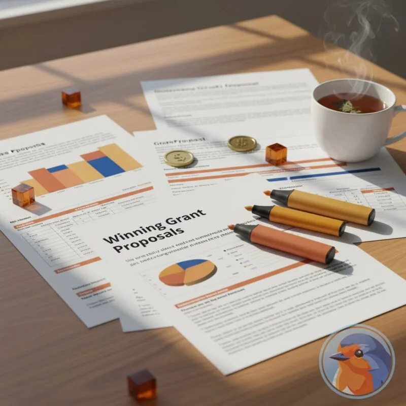 Winning Grant Proposals title in holographic text above a professional conference table