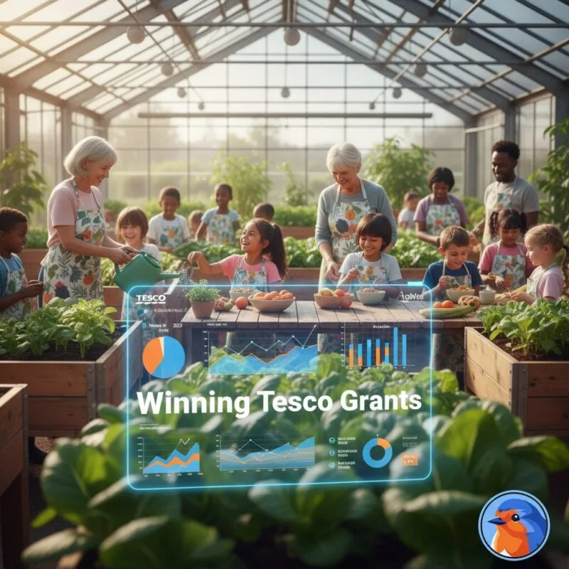 Winning Tesco Grants featured image with community greenhouse and holographic ROI data