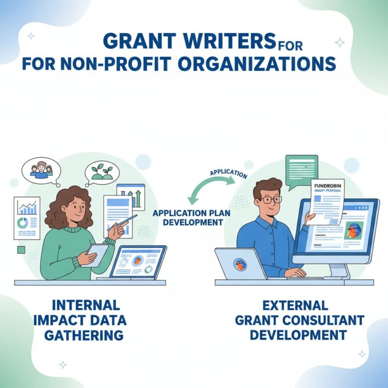 Workflow diagram showing internal staff and external grant consultants collaborating