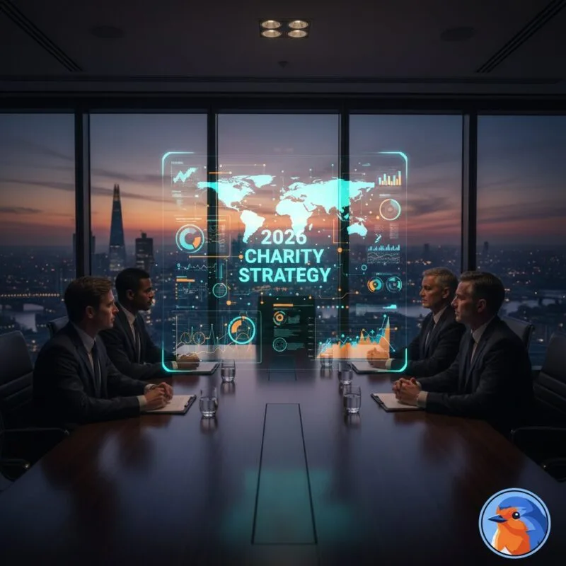 2026 Charity Strategy displayed as a glowing hologram in a modern London boardroom