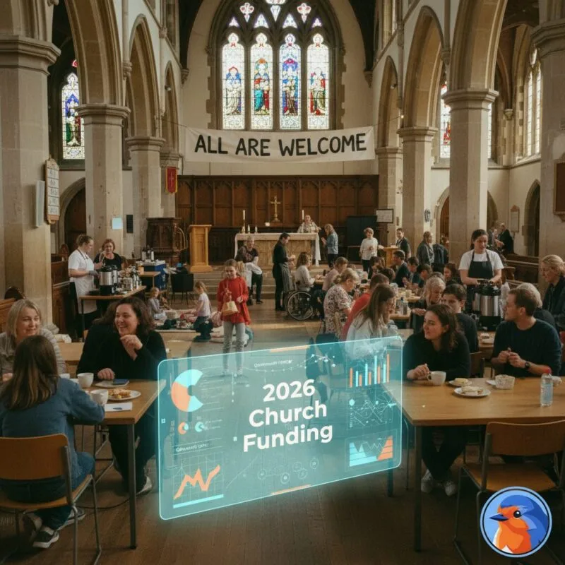 2026 Church Funding featured image showing holographic financial charts overlaid on a church community scene