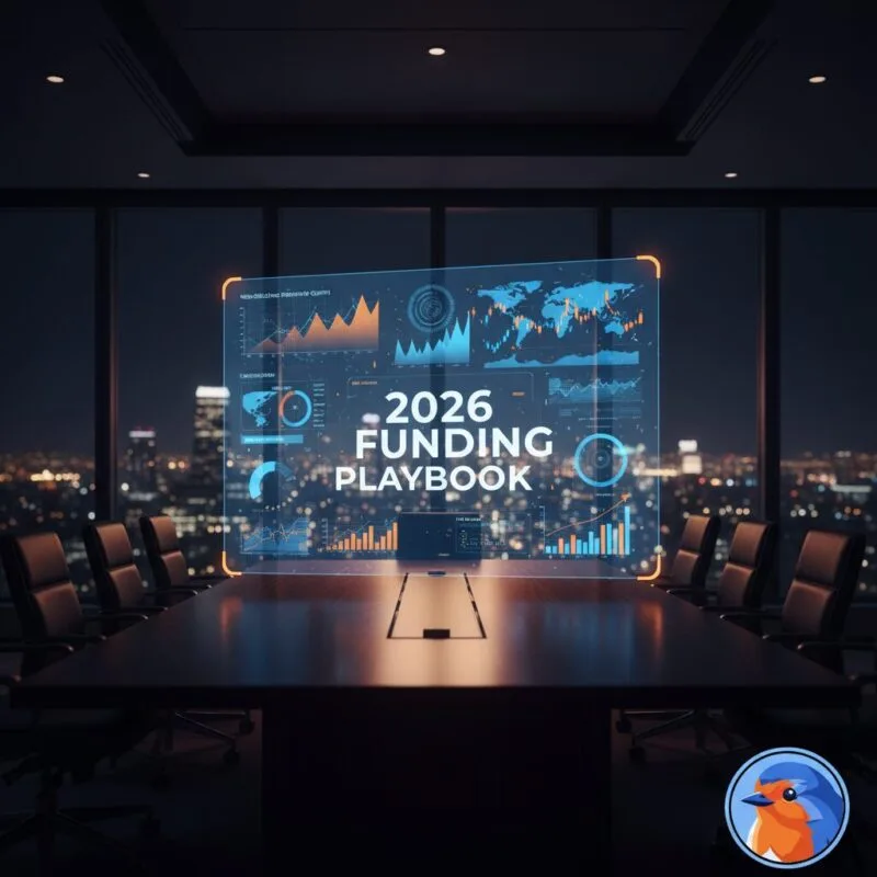 2026 Funding Playbook featured image with financial growth holograms in a modern boardroom