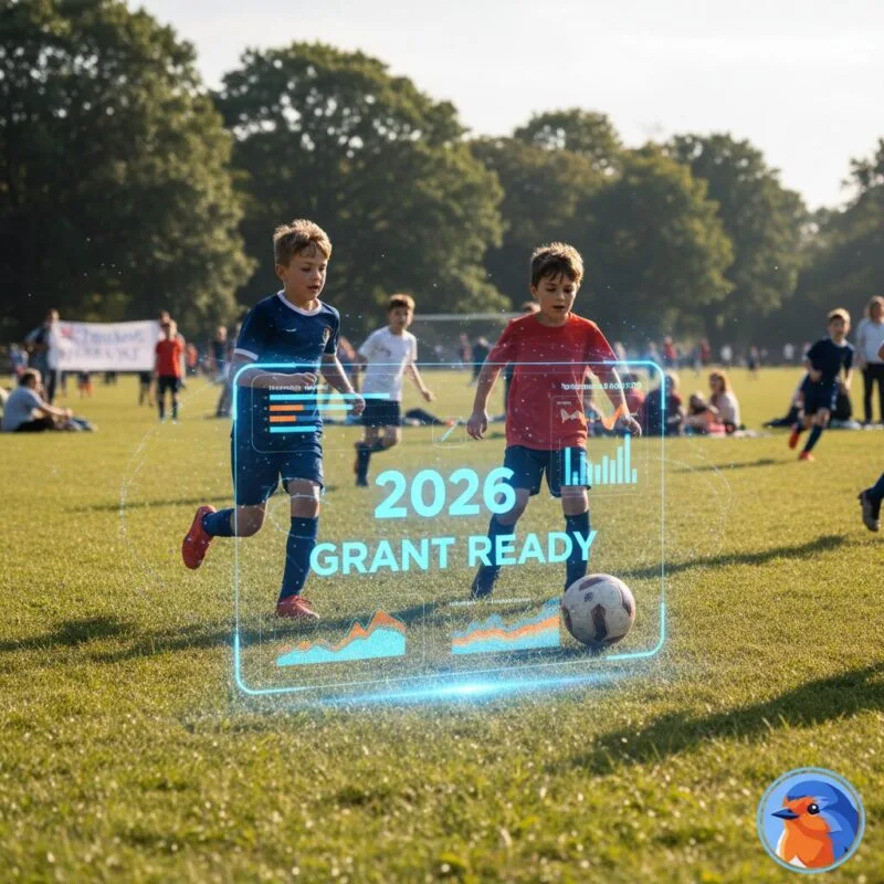 2026 Grant Ready holographic text overlaying a grassroots football match in a UK park