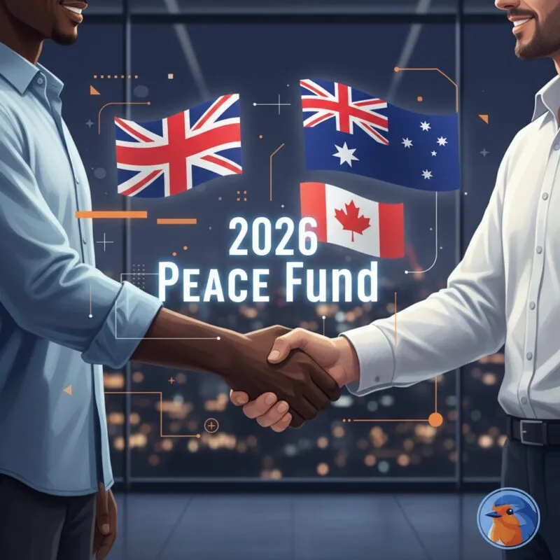 2026 Peace Fund holographic display with international flags and a handshake