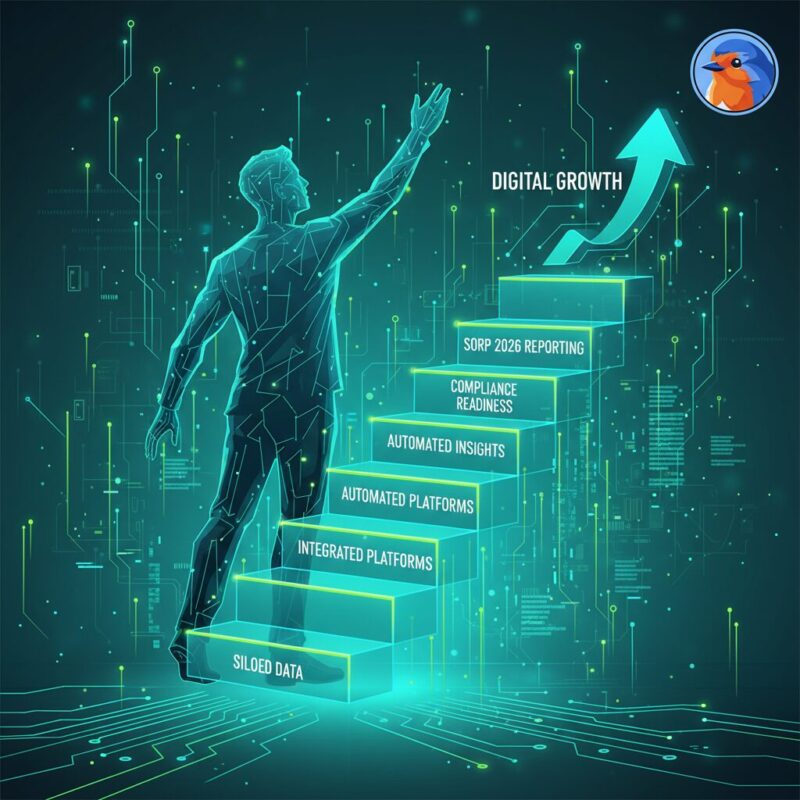 5-step digital staircase infographic showing the path to SORP 2026 data compliance in teal and green