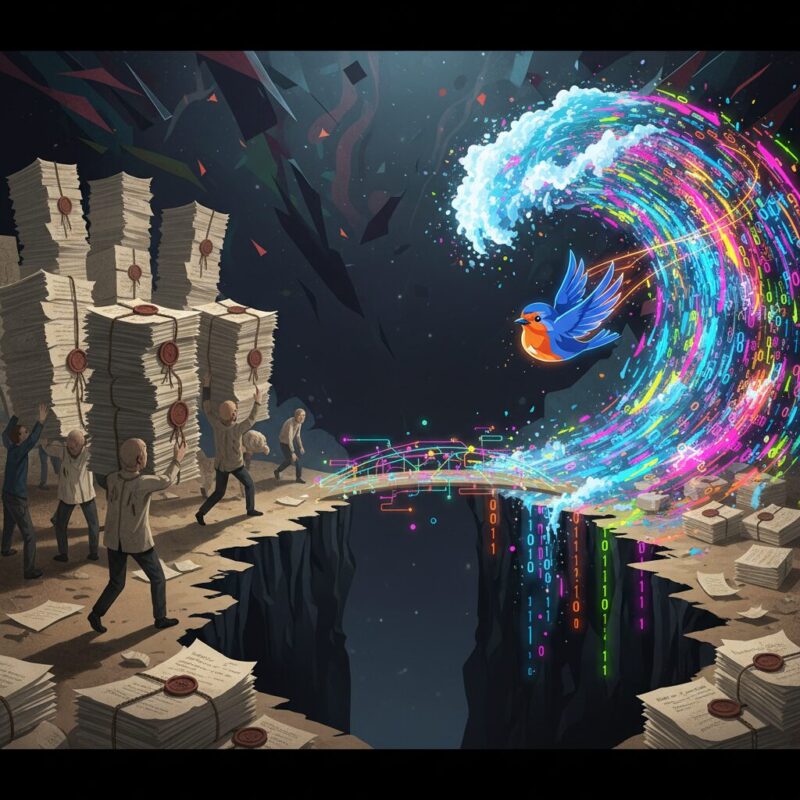 A glowing digital bridge forming across a chasm between traditional paper processes and modern data flows
