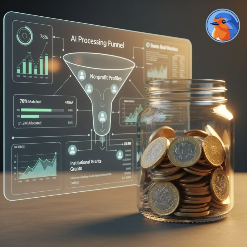 AI grant matching data visualization funnel with positive ROI metrics