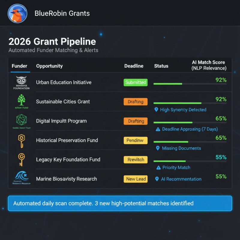 AI-native grant matching dashboard displaying contextual relevance scores from 0 to 100 percent