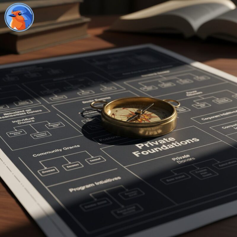 Brass compass resting on a nonprofit strategic plan blueprint pointing to private foundations