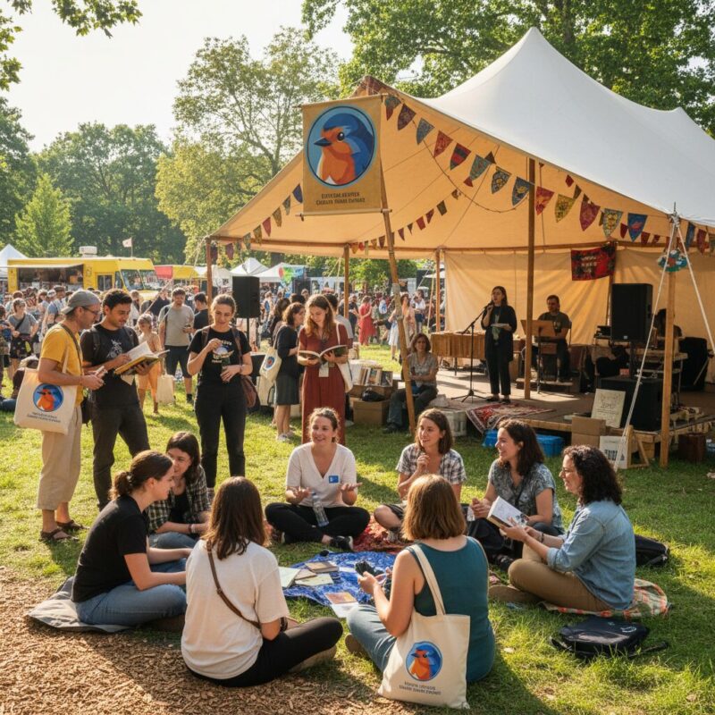 Bustling outdoor literary festival with attendees exchanging ideas at a cultural tent