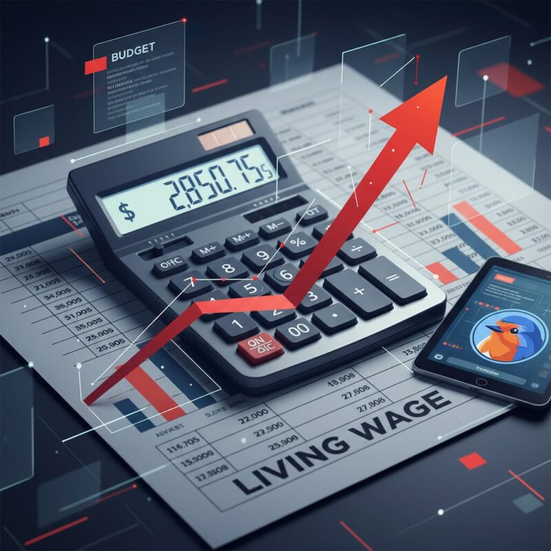 Calculator on financial spreadsheet showing 2026 living wage budget projections