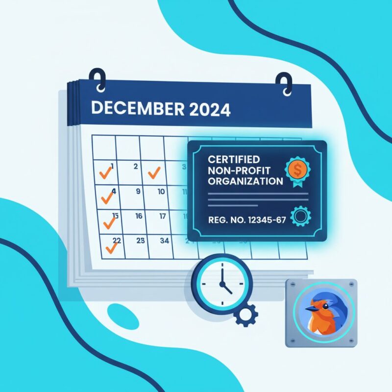 Calendar pages falling next to a charity registration certificate illustrating application backlogs