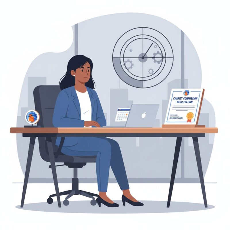 Calm nonprofit founder waiting for charity registration approval while sitting at a desk