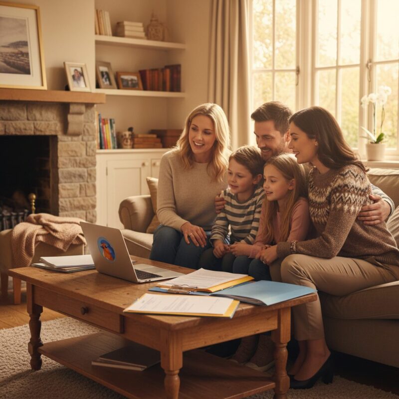 Caseworker and family reviewing a finalized grant application on a screen