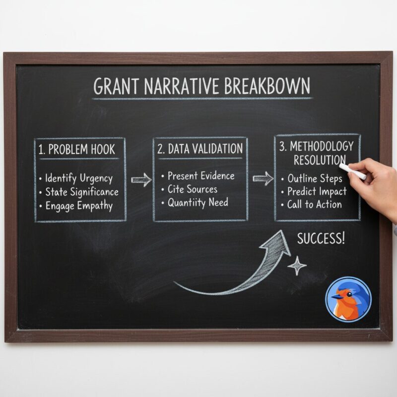 Chalkboard diagram breaking down the problem-to-solution structure of a winning grant proposal