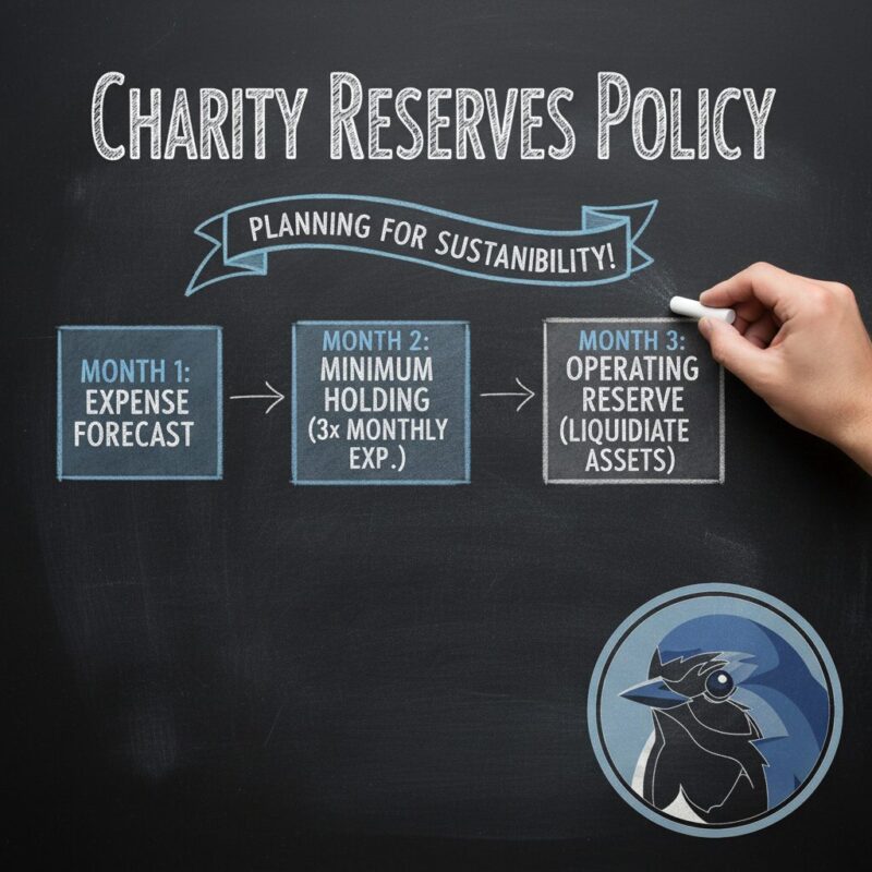 Chalkboard diagram showing a step-by-step reserves policy calculation for small UK charities
