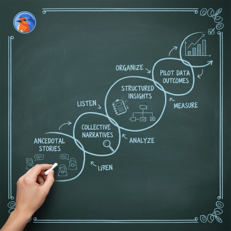 Chalkboard flow map translating anecdotal charity stories into measurable grant pilot data