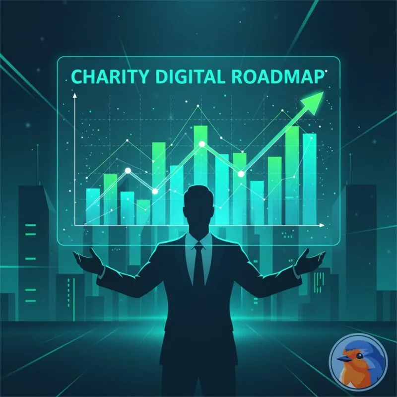 Charity Digital Roadmap featured image with glowing teal and green financial growth holograms in a boardroom